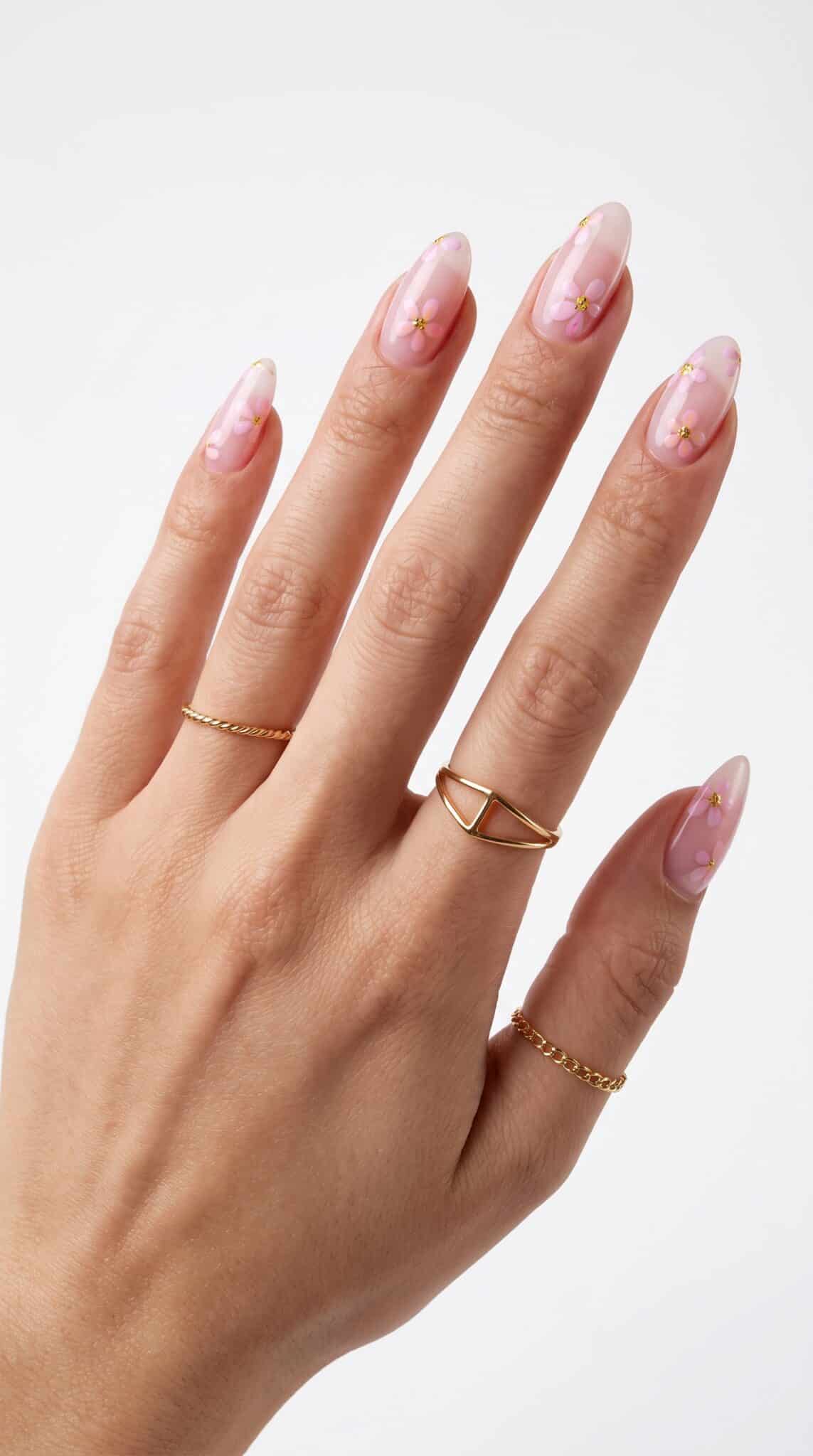 Nude summer nails with tiny micro flower details and glossy finish