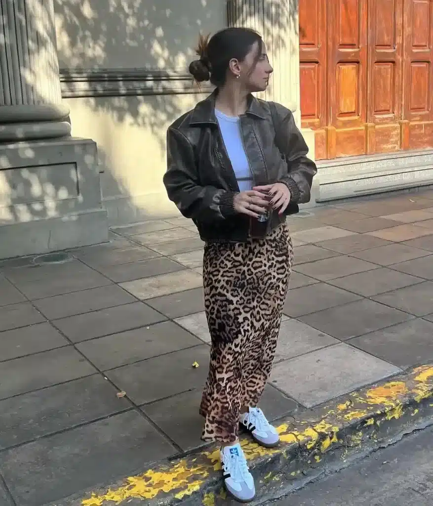 Leopard Skirt and Leather Jacket