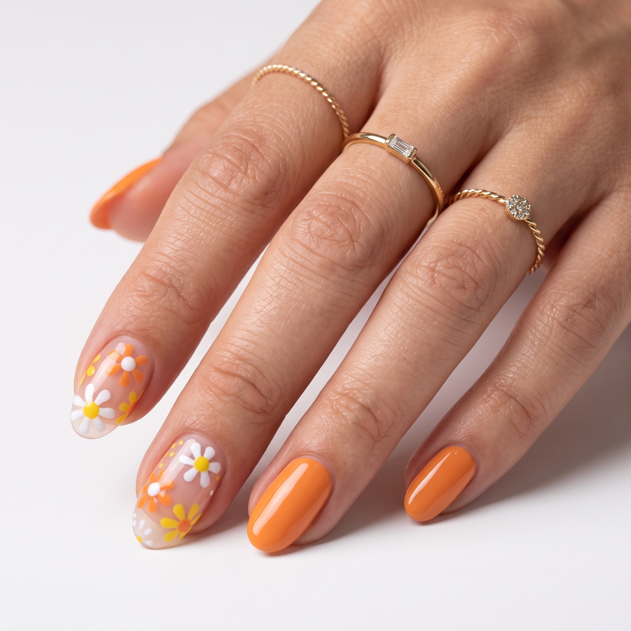 Pastel coffin summer nails with delicate floral accent art