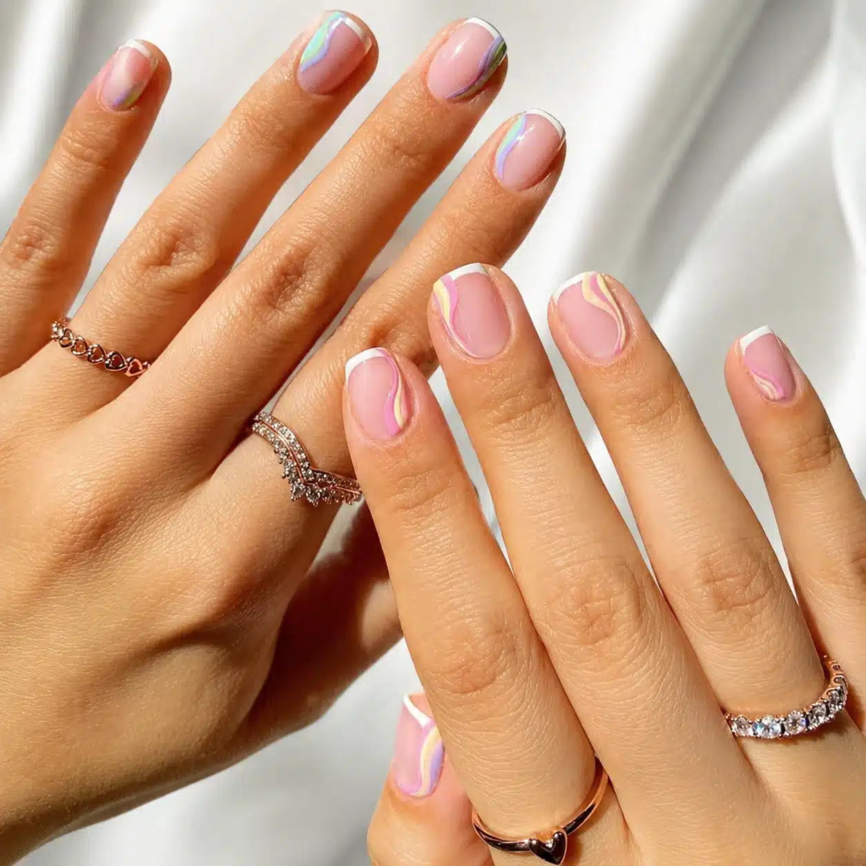 Peach and blue micro French square nails
