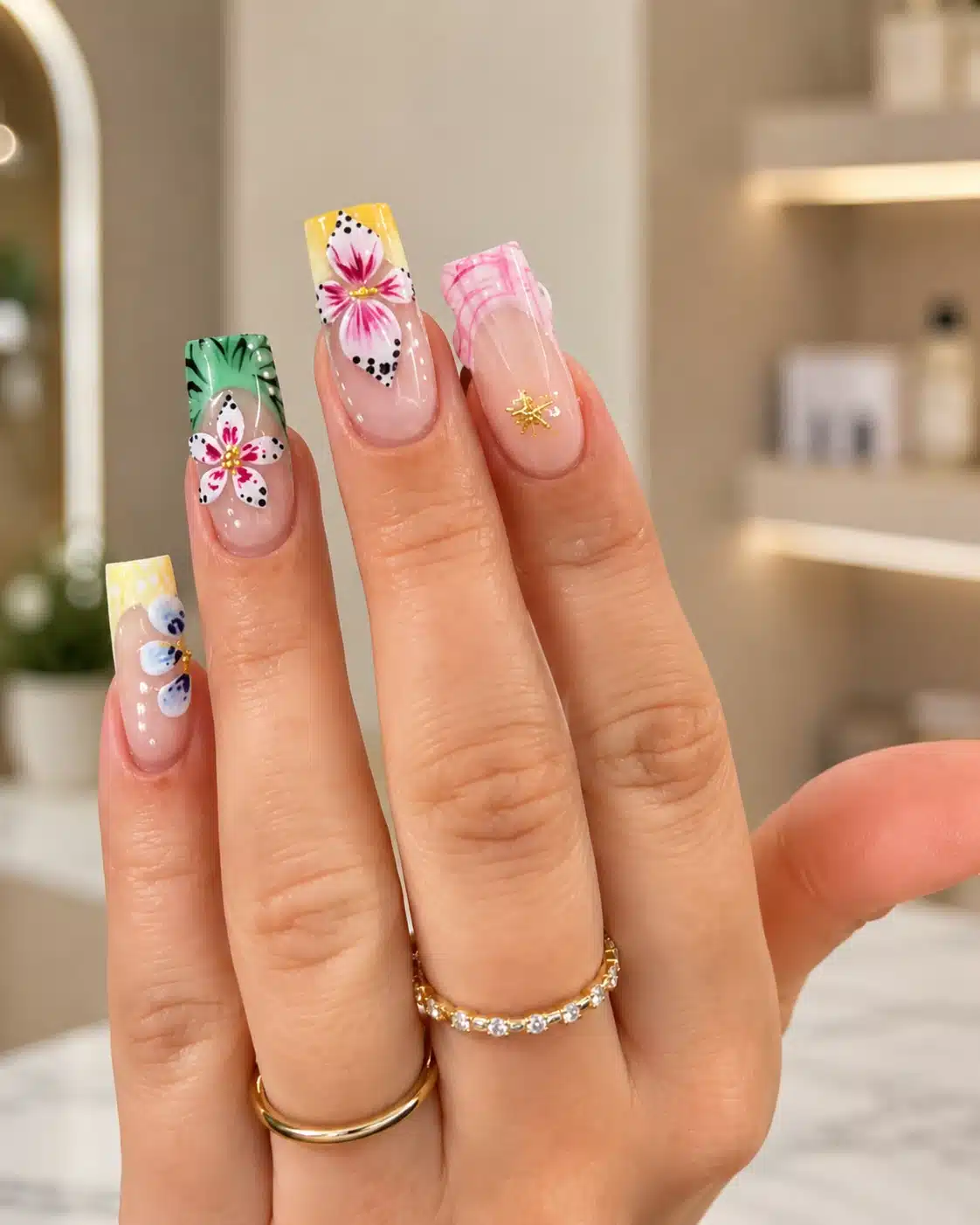 Pink flower square nail art