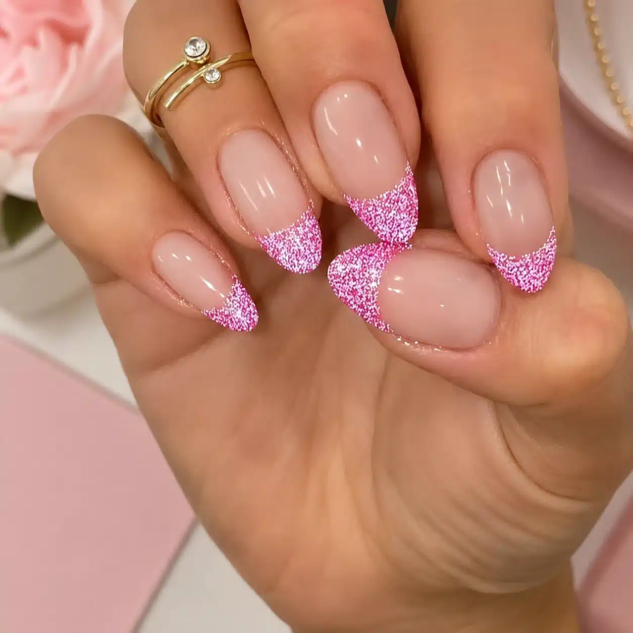 Pink glitter French birthday nails