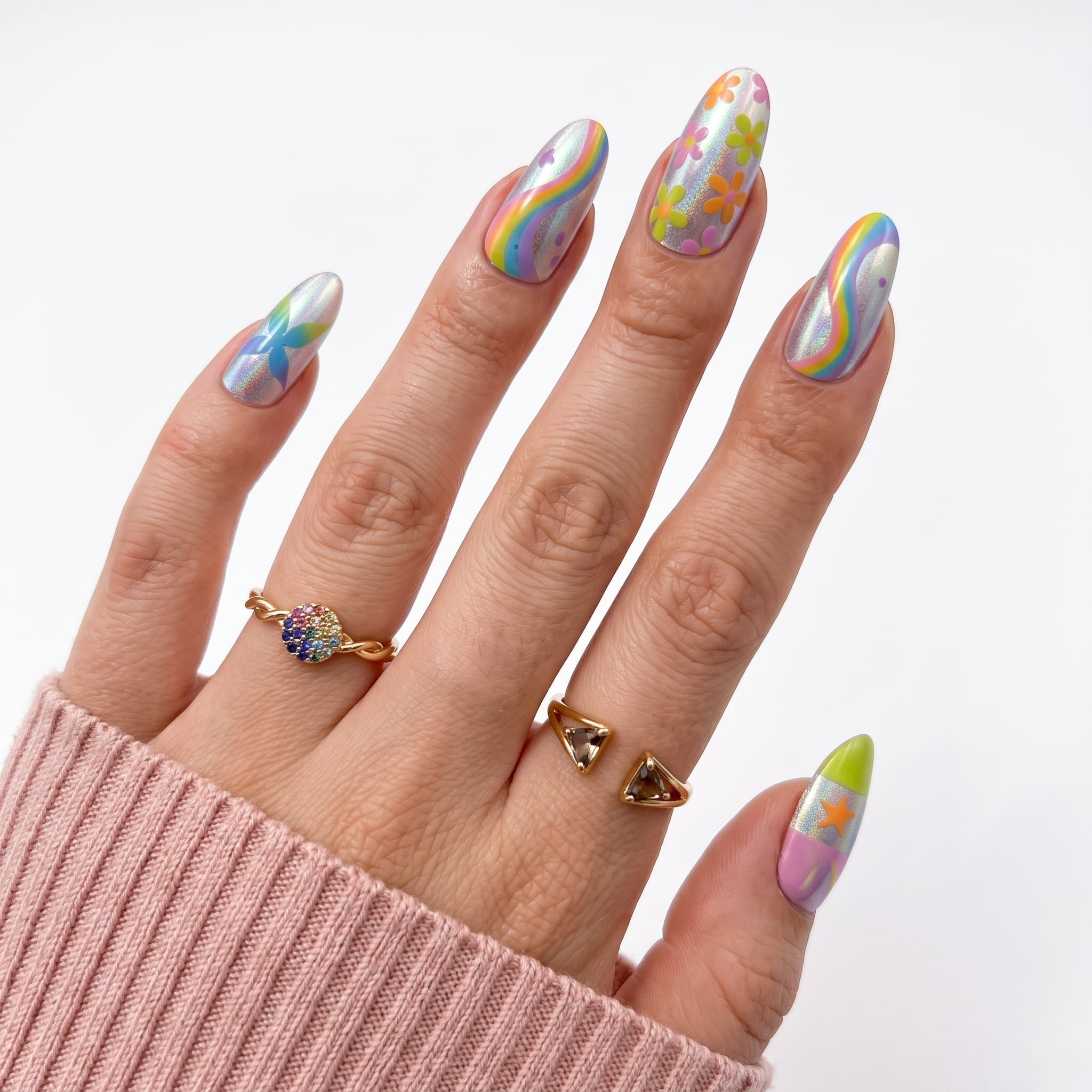 Pink glossy summer nails with delicate gold accent nail art