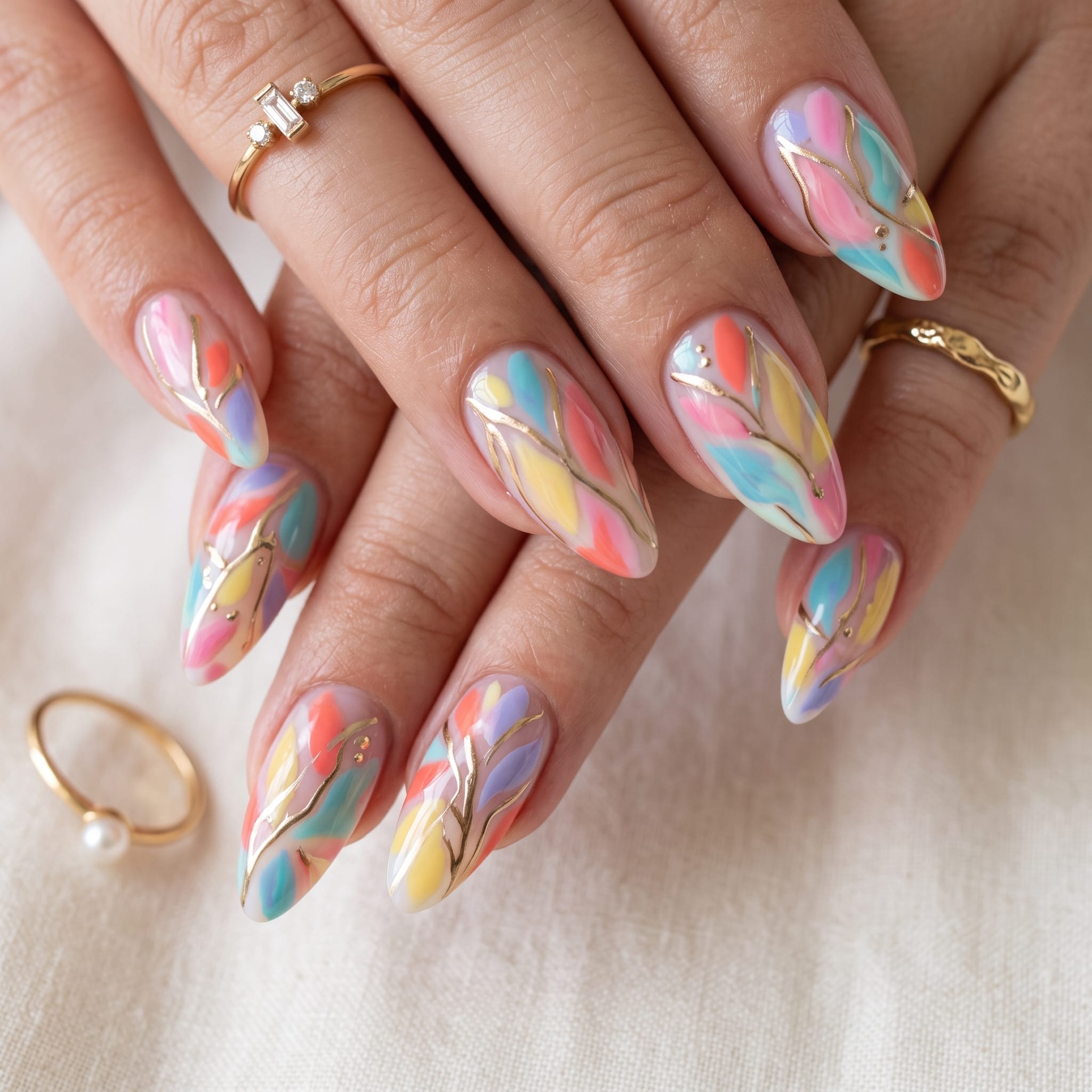 Rainbow chrome nail designs summer 2026 with colorful striped metallic nails