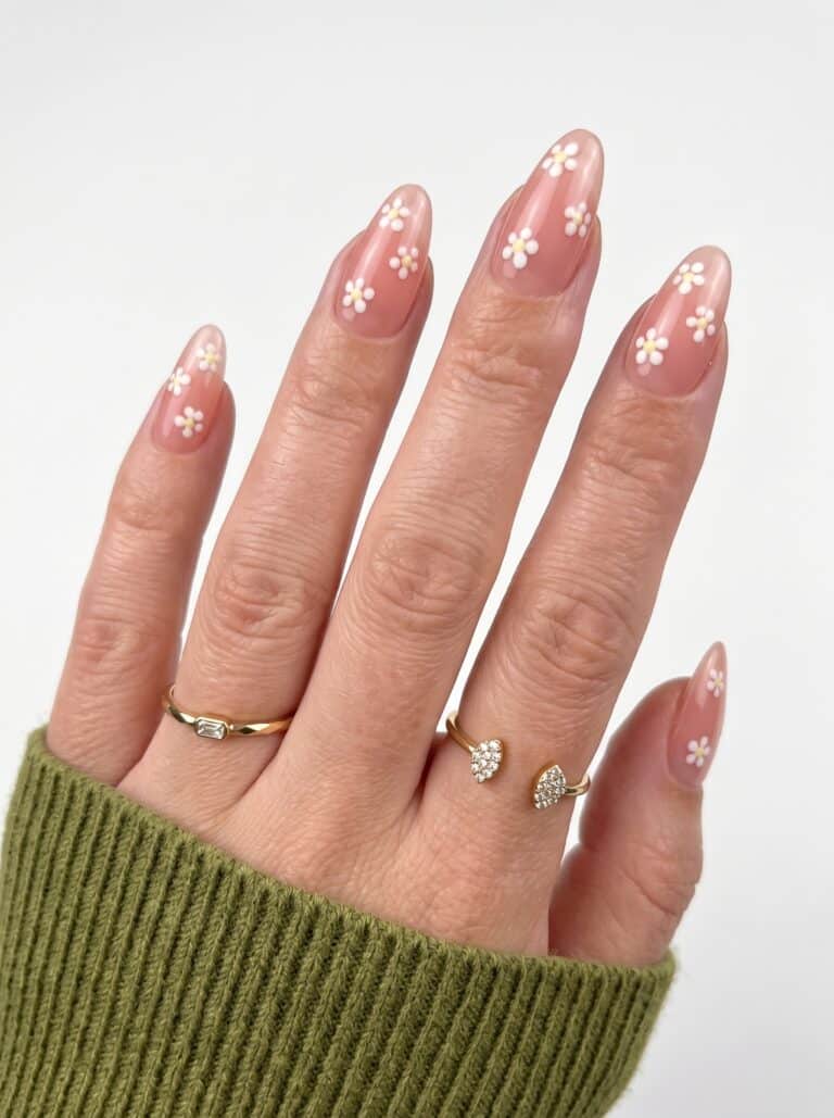 Simple Flower Summer Nails with colorful micro flower accents on a glossy nude base