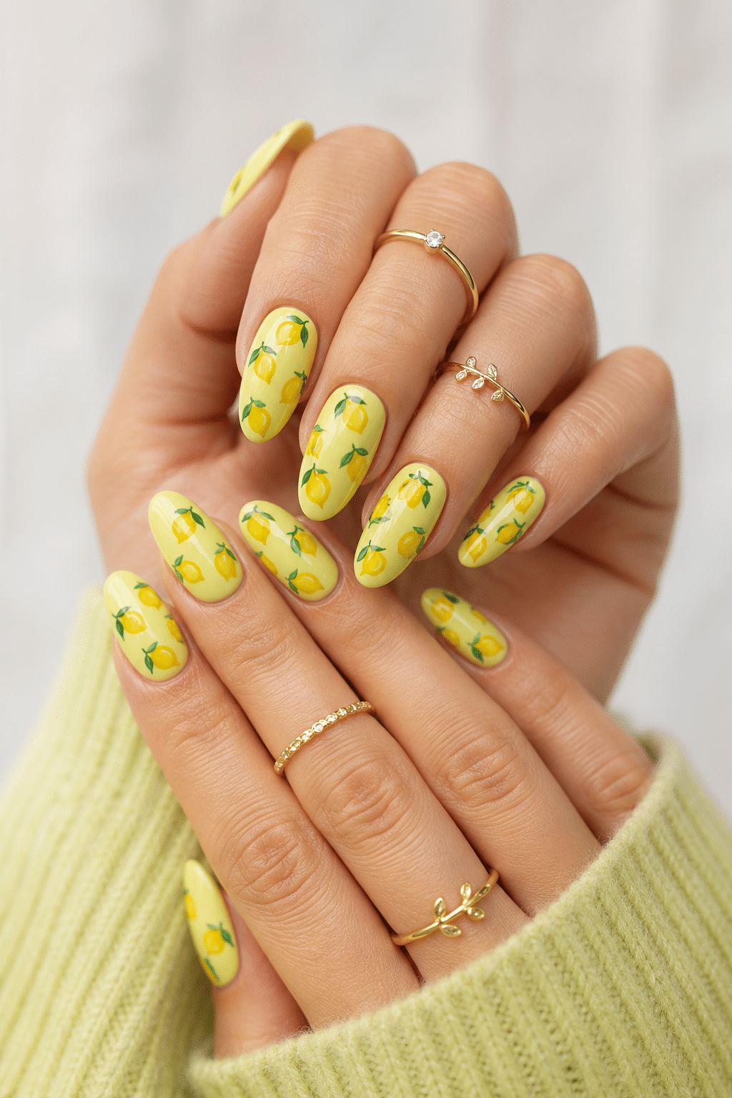 summer almond nails 2026 with lemon yellow nail art and glossy summer finish