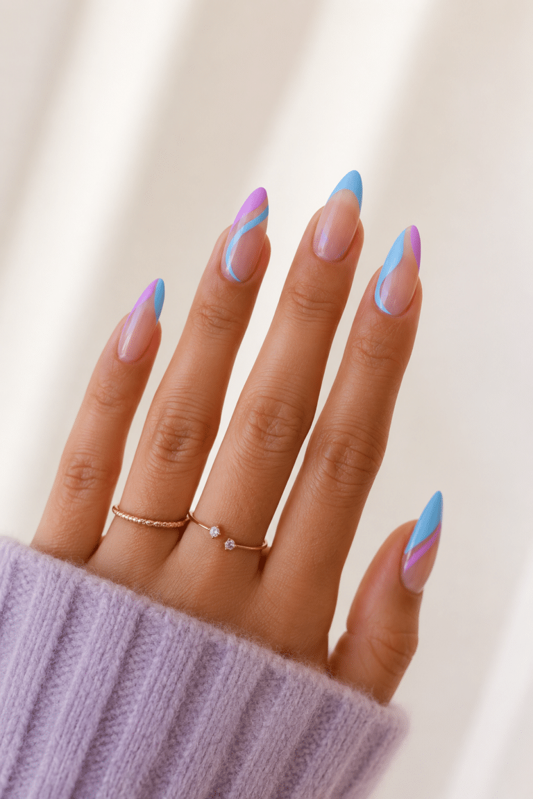 summer almond nails 2026 with pastel abstract tips and glossy almond shape