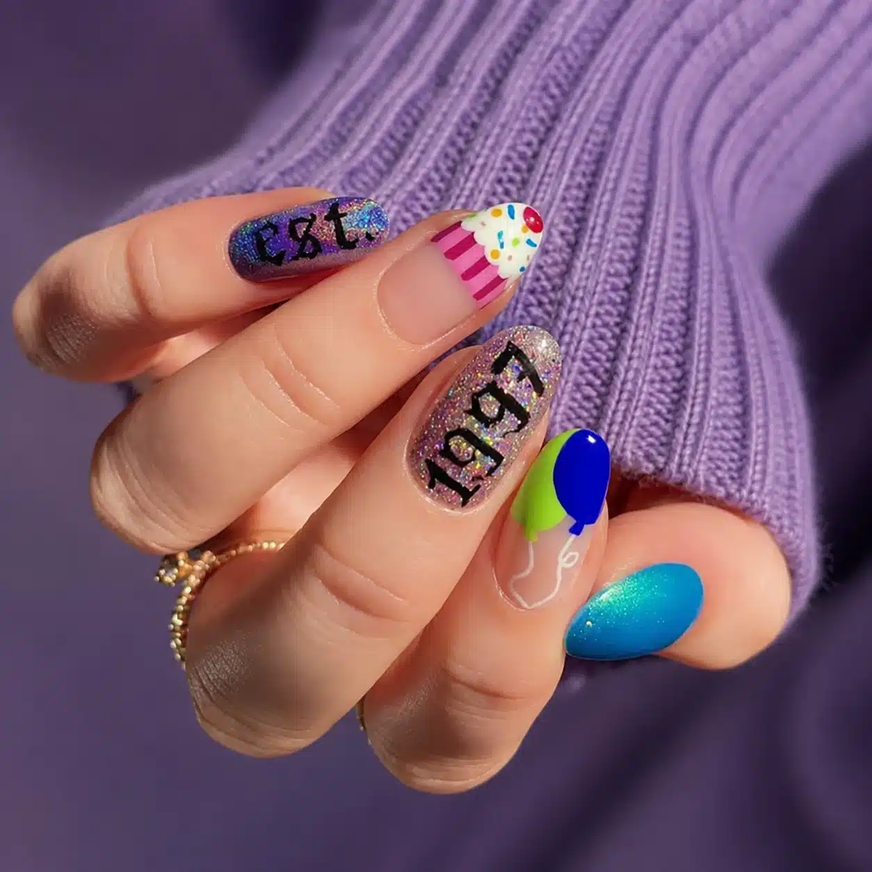 Summer birthday nail inspo with colorful party nail art