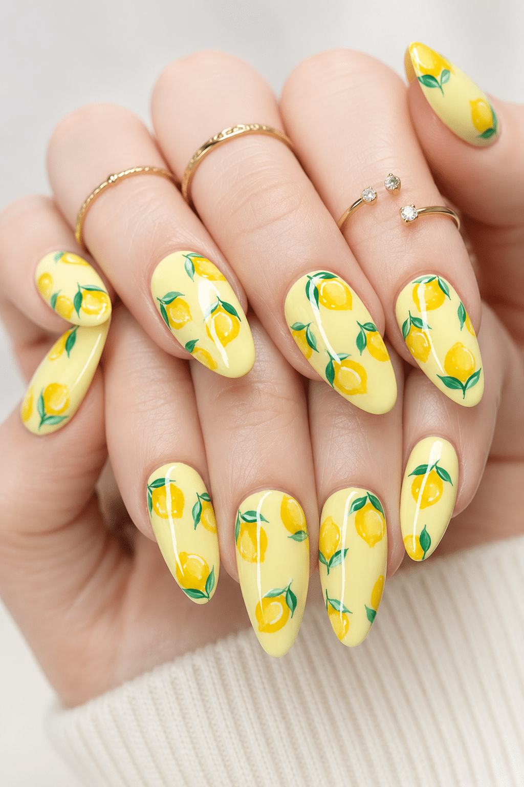 Summer gel nails 2026 with butter yellow citrus nail art and glossy finish