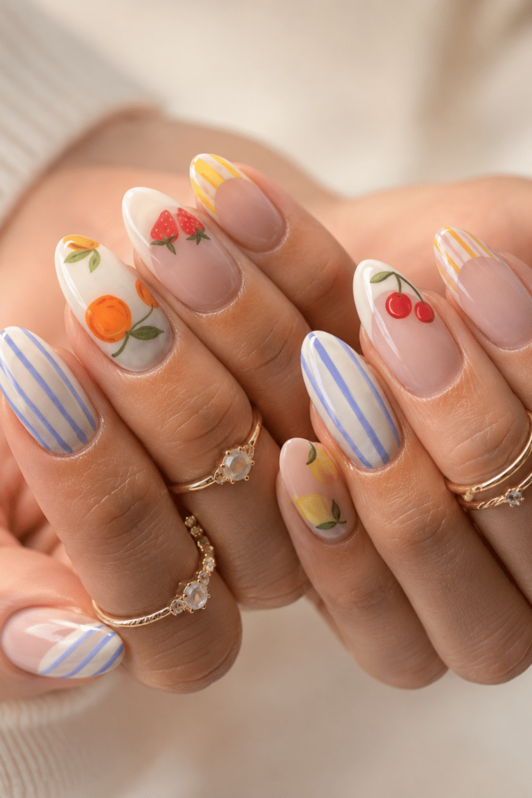 summer gel nails 2026 with pastel fruit nail art and colorful glossy details