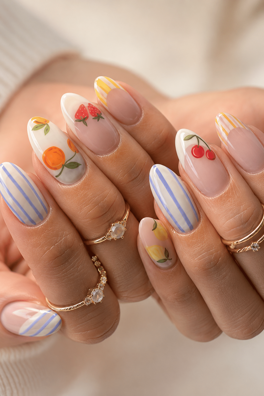summer gel nails 2026 with pastel fruit nail art and colorful glossy details