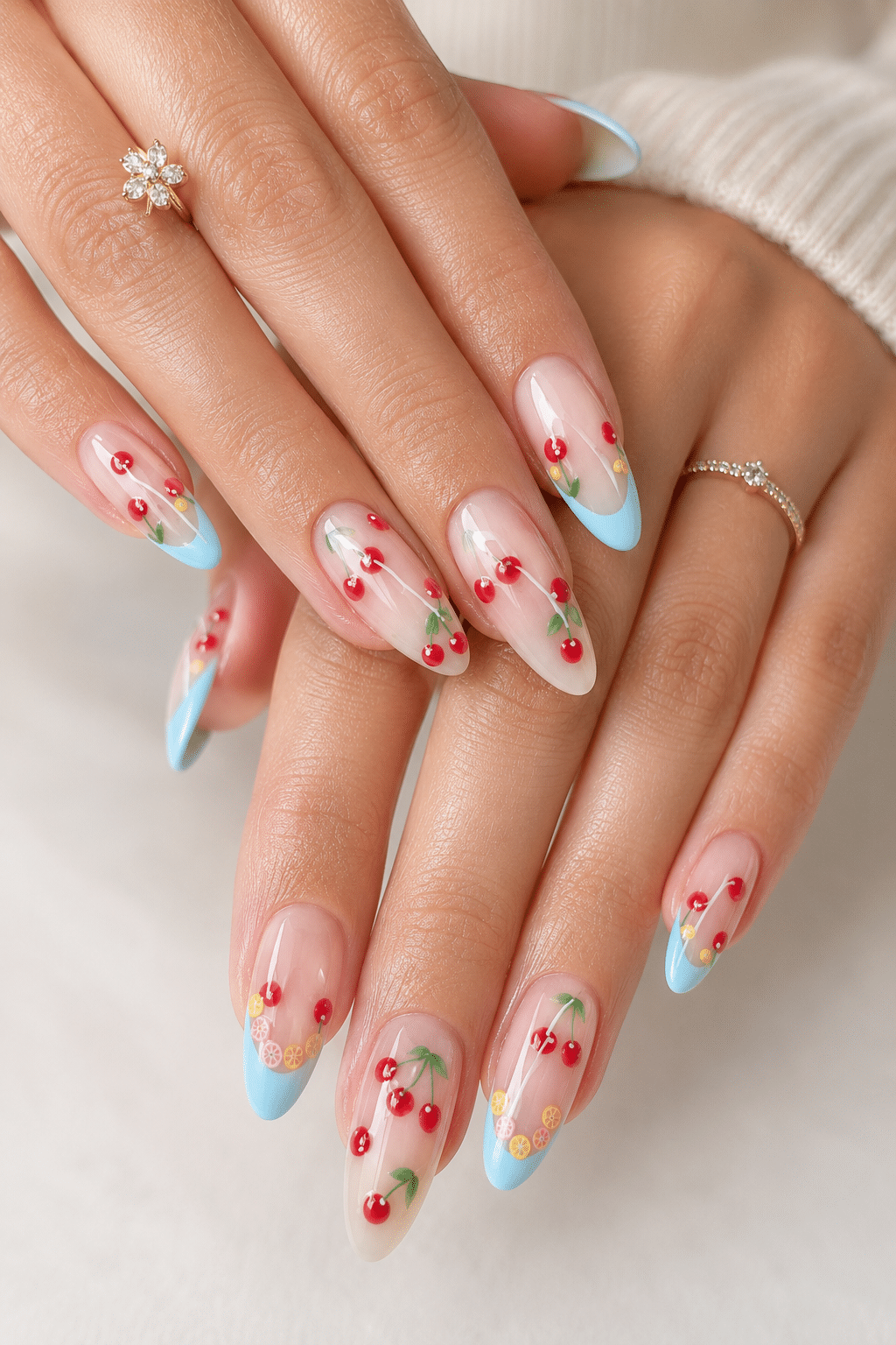 Summer gel nails 2026 with glossy floral tips and soft pastel summer details