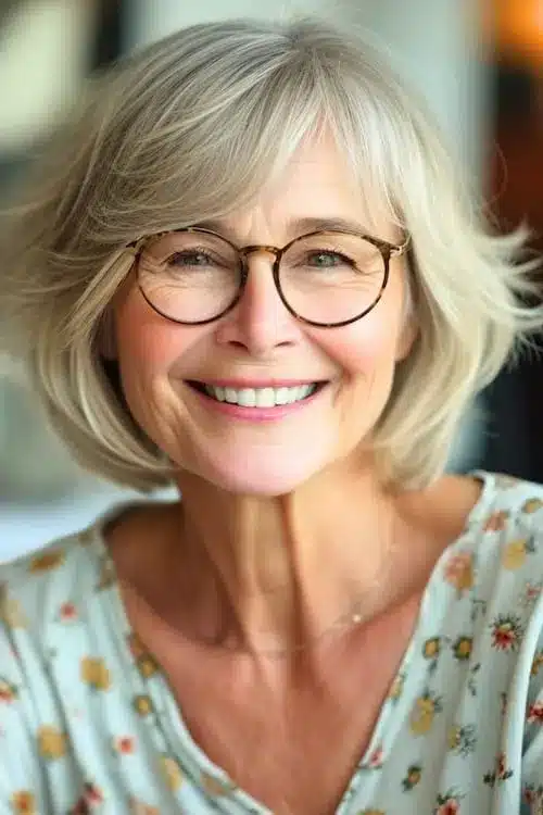 34 Elegant Short Hairstyles for Women Over 70 with Fine Hair 36 Short Hairstyles for Women Over 70 With Fine Hair - Layered bob with side-swept bangs on older woman with glasses.