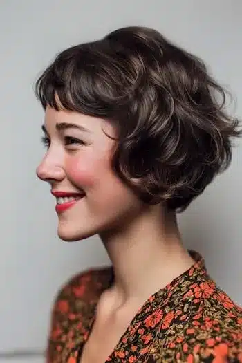 Retro wavy bixie with baby bangs illustrating 31 Bixie Haircuts That Perfectly Blend Bob and Pixie Hairstyles