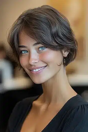 Rounded bixie with side bangs illustrating 31 Bixie Haircuts That Perfectly Blend Bob and Pixie Hairstyles