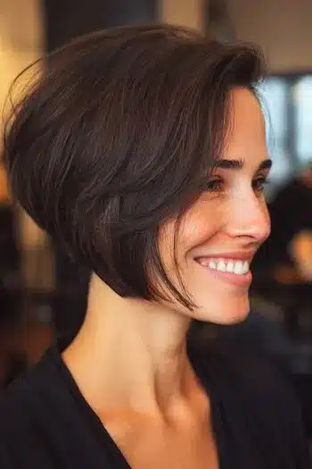 Brunette bixie with side part illustrating 31 Bixie Haircuts That Perfectly Blend Bob and Pixie Hairstyles