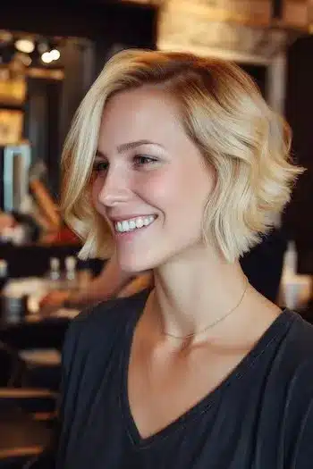 Wavy blonde bixie with blunt ends featuring 31 Bixie Haircuts That Perfectly Blend Bob and Pixie Hairstyles