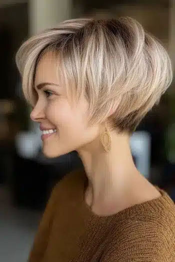 Stacked bixie with dark roots demonstrating 31 Bixie Haircuts That Perfectly Blend Bob and Pixie Hairstyles