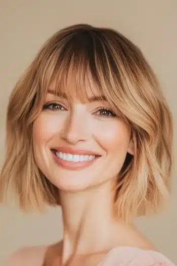 Tousled blunt bob with bangs on a smiling woman