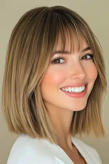 Blunt long bob with wispy bangs on a smiling woman