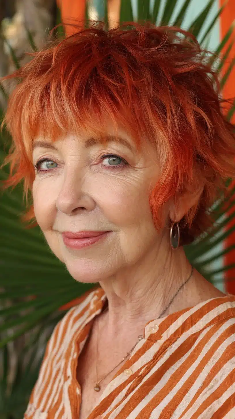 Bright Ginger Feathered Pixie with Choppy Micro Fringe and Ear-Skimming Tendril