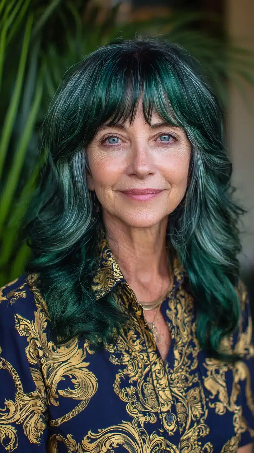 Emerald-Rooted Silver-Accented Mid-Length Shag with Feathered Curtain Fringe