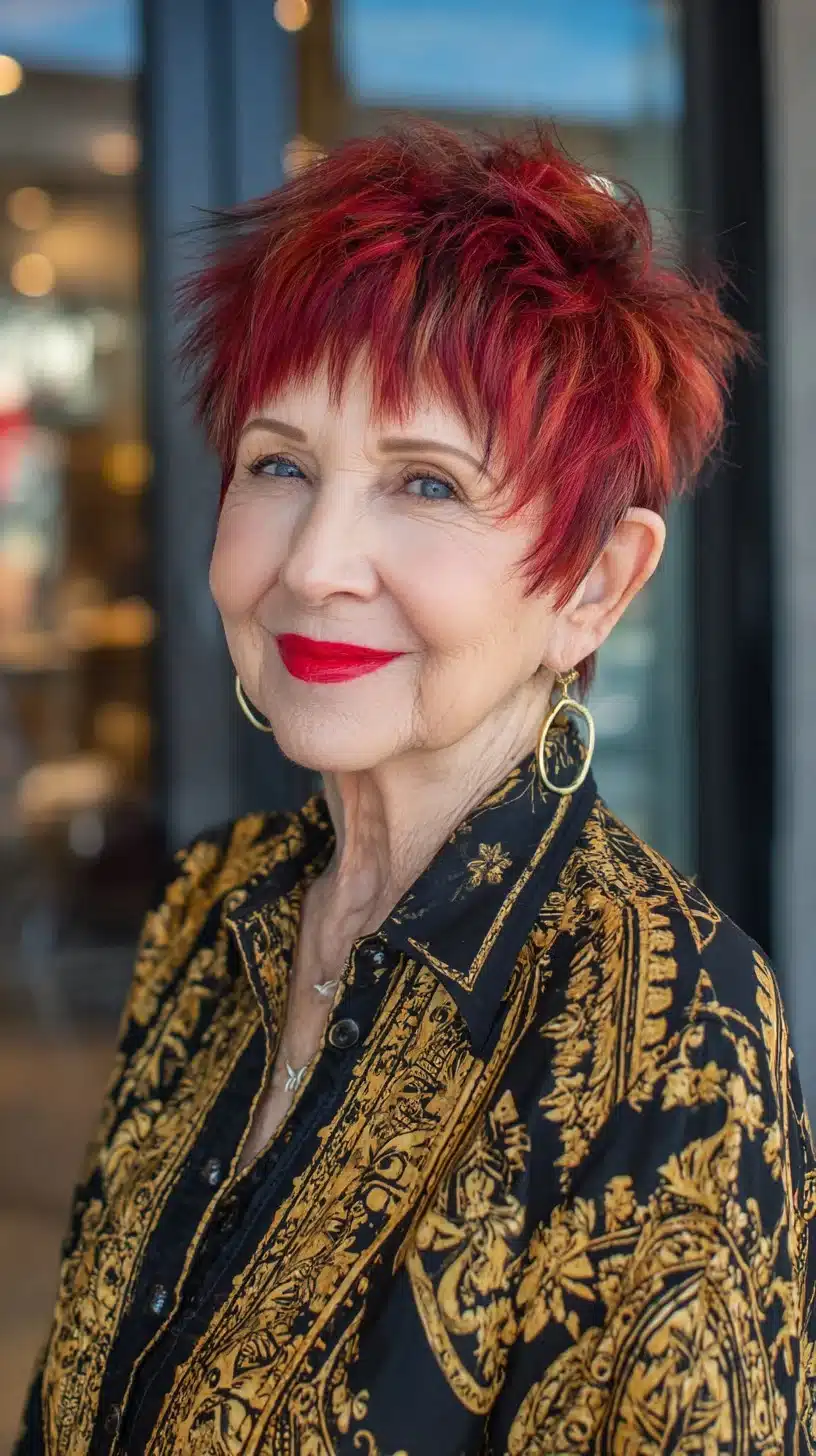 Crimson Choppy Pixie with Feathered Crown and Ear-Grazing Layers