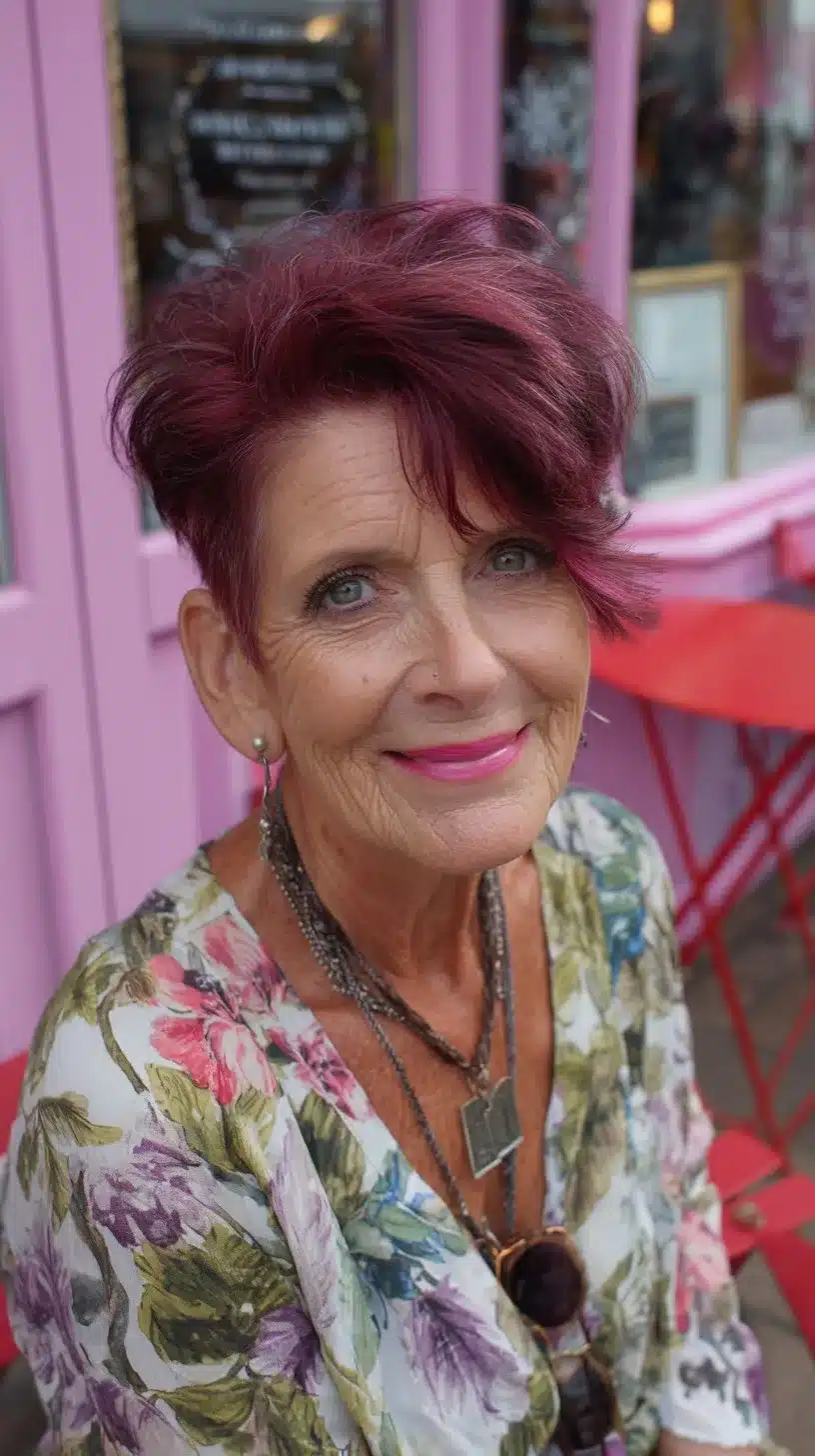 Burgundy Asymmetrical Pixie with Pompadour Lift and Tapered Sides