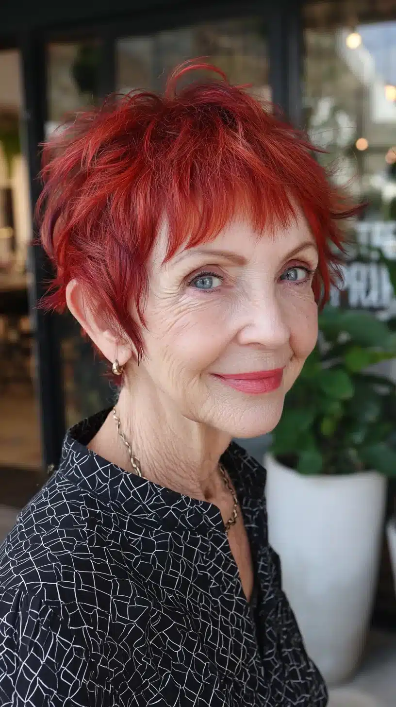 Vivid Ruby Micro-Pixie with Feathered Fringe and Crown Lift