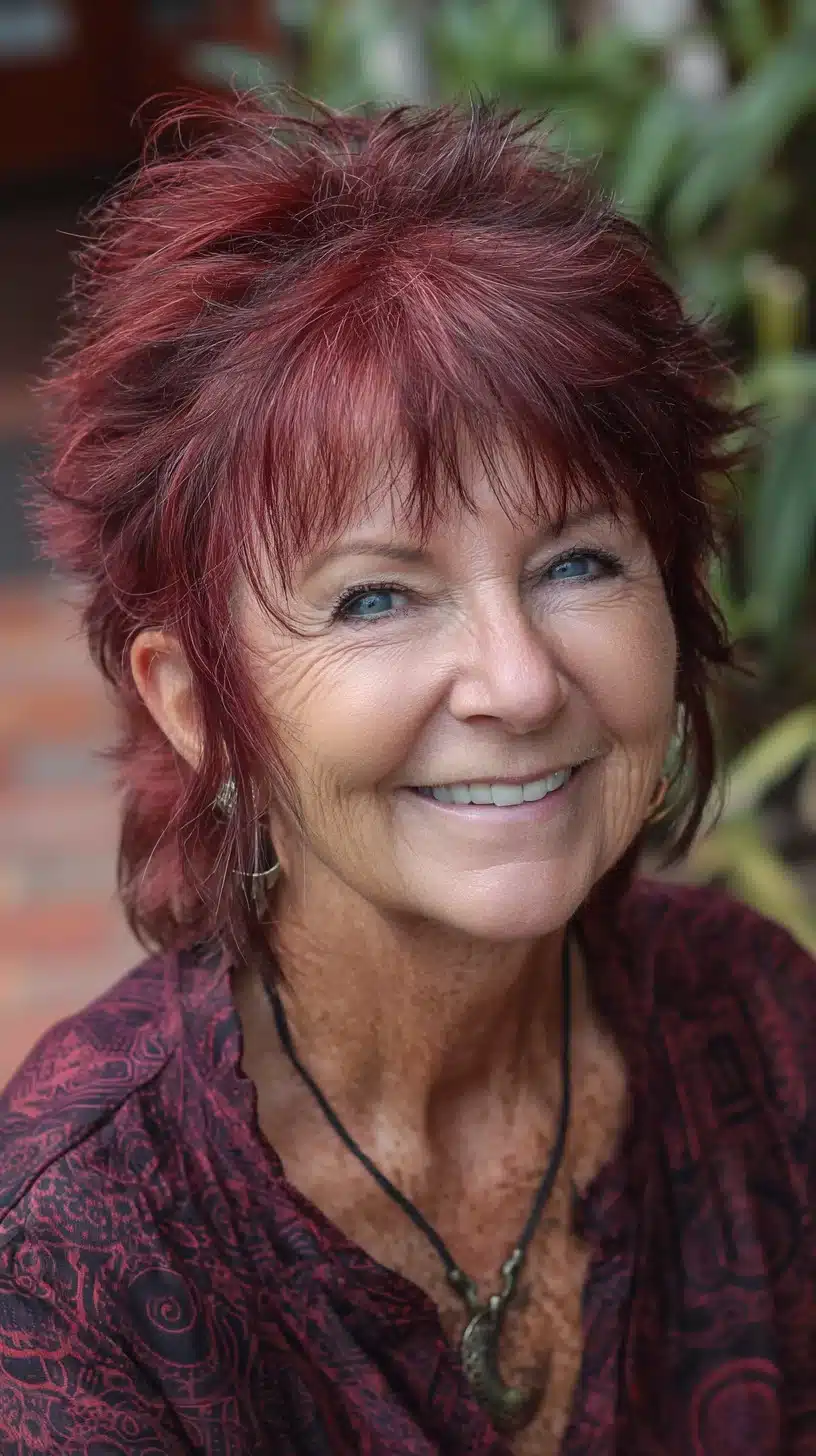 Feathered Wine-Red Shag Pixie with Stacked Crown