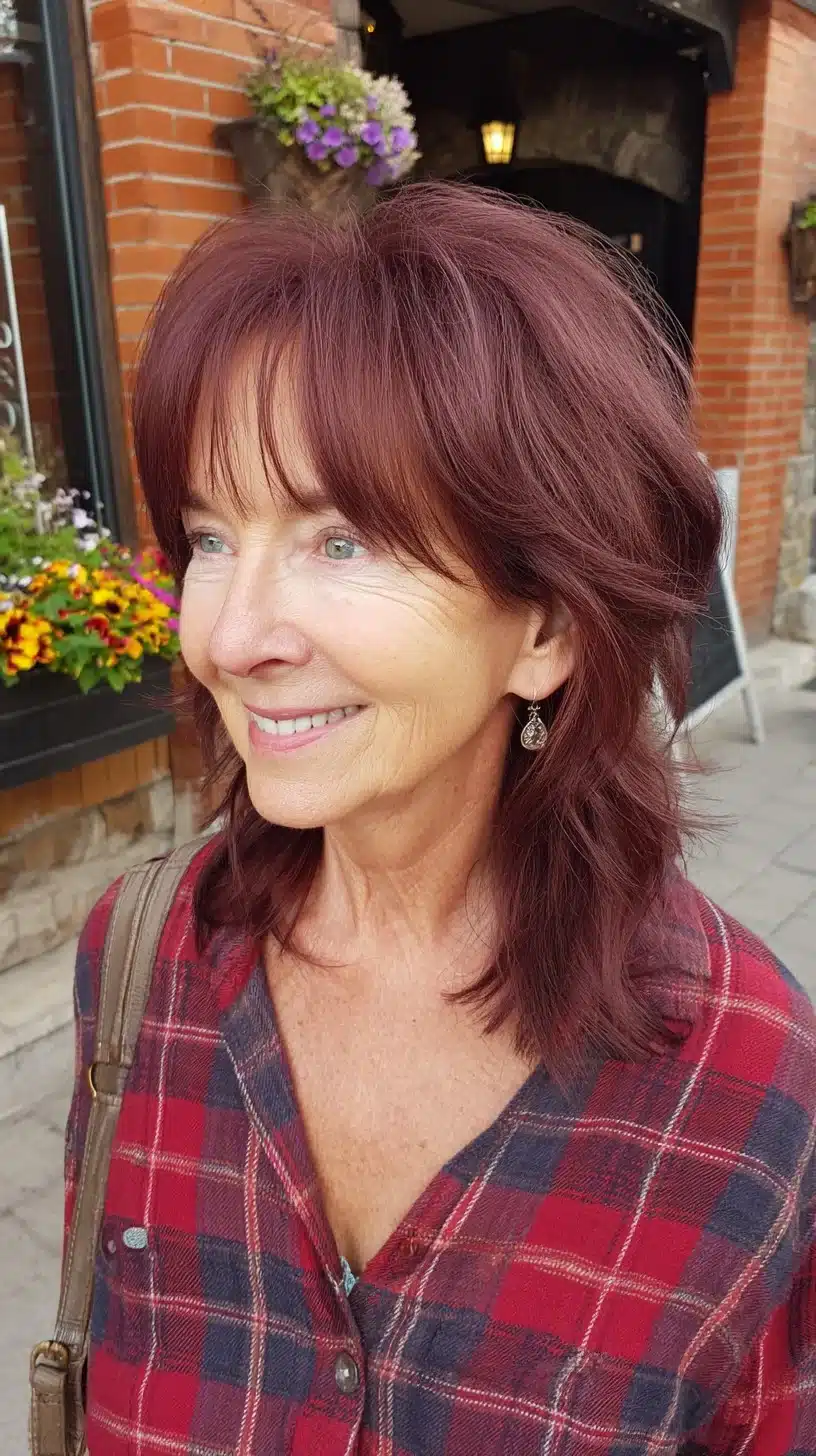 Reddish-berry Feathered Mid-Length Cut with Soft Curtain Fringe