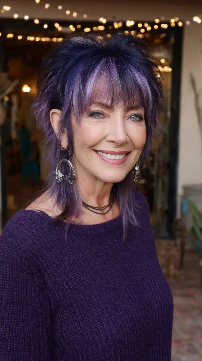 Edgy Lavender-Rooted Shag Mullet with Wispy Fringe