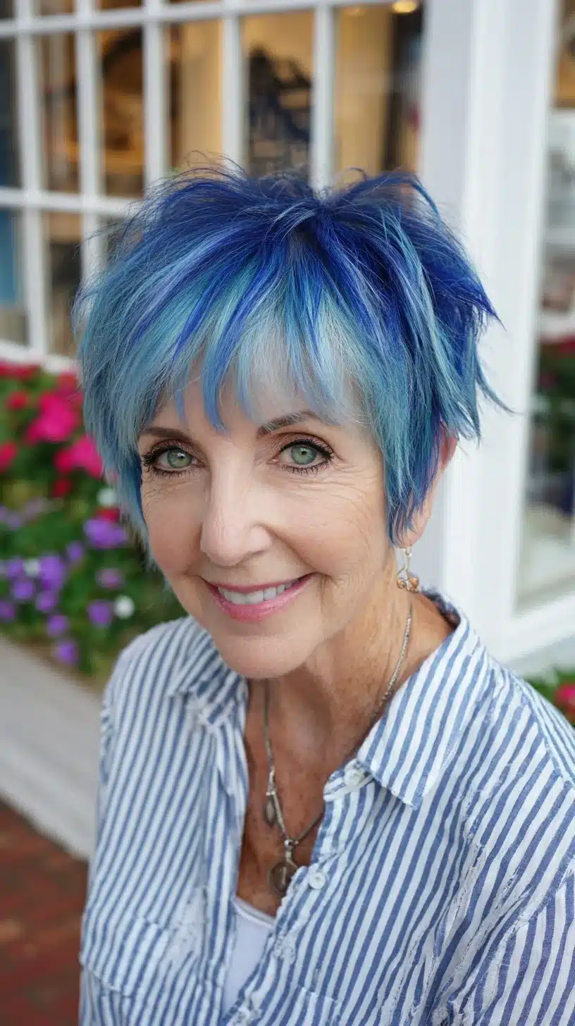Electric Blue Feathered Pixie with Silver-Rooted Tones