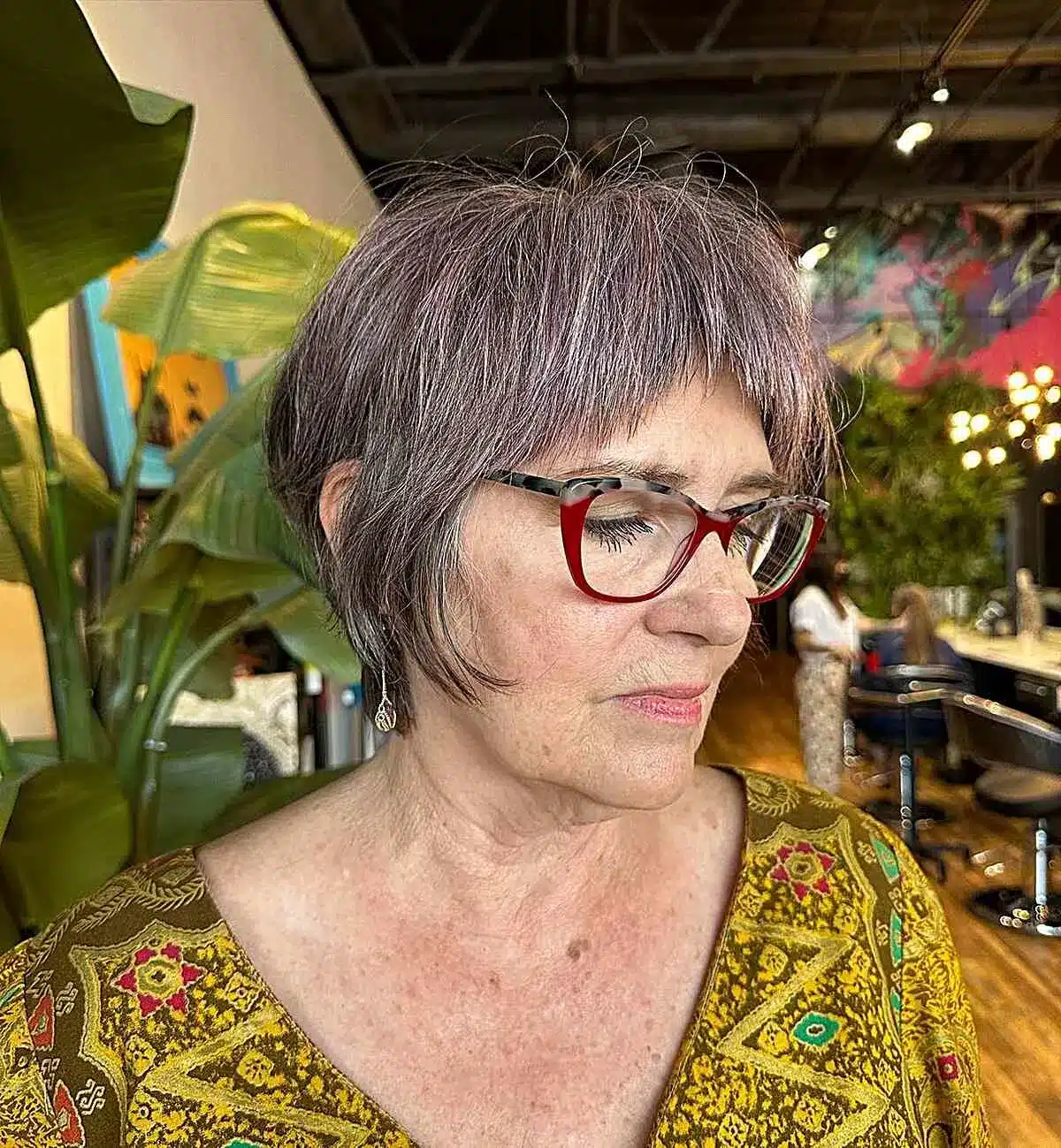 Edgy Mini Shag with Micro Bangs on Women Over 70 with Glasses