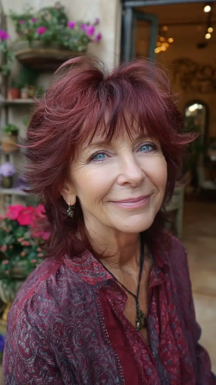 Feathered Burgundy Shag with Soft Micro-Bangs