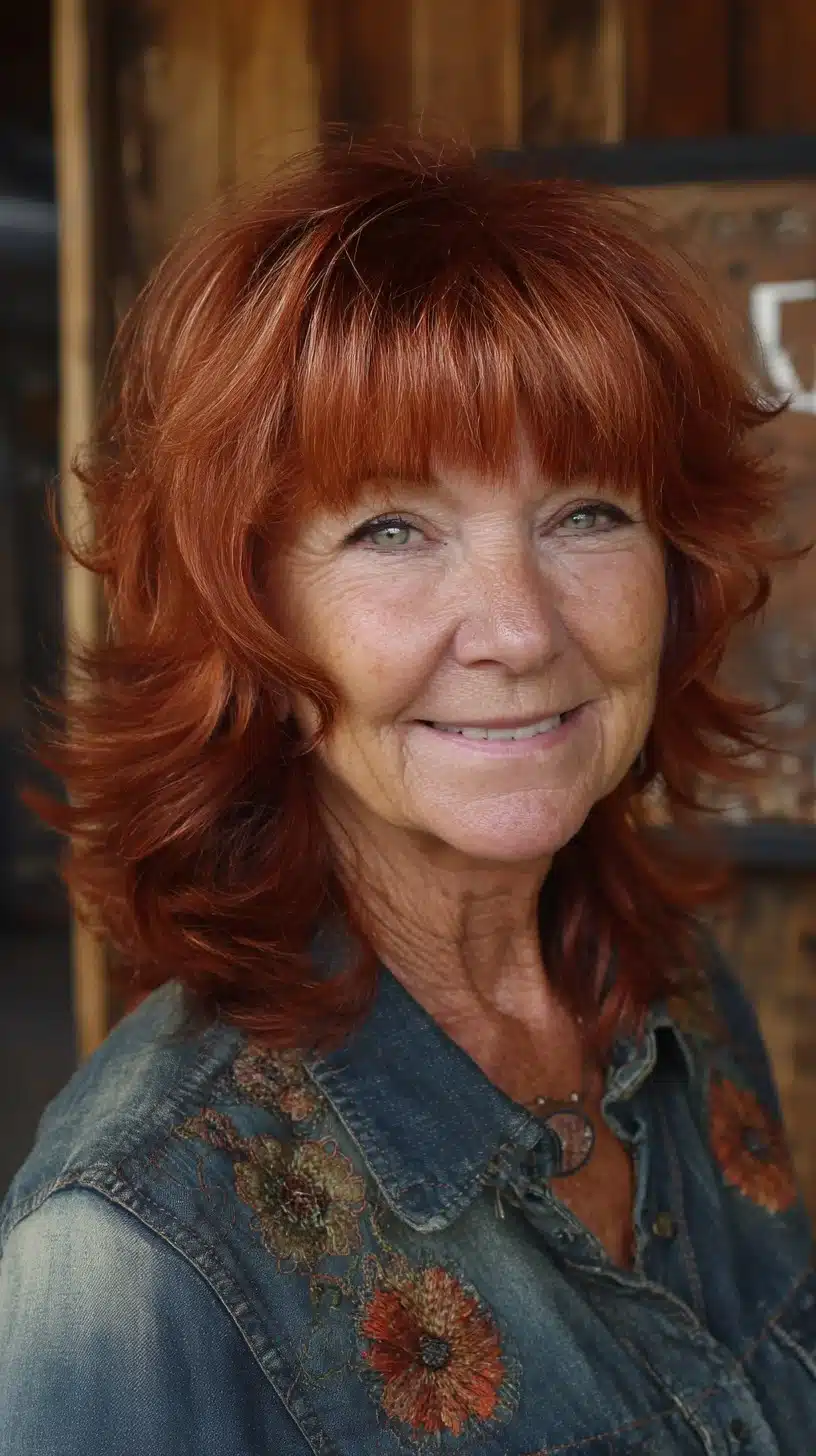 Warm Copper Feathered Mid-Length Shag with Blunt-Textured Fringe