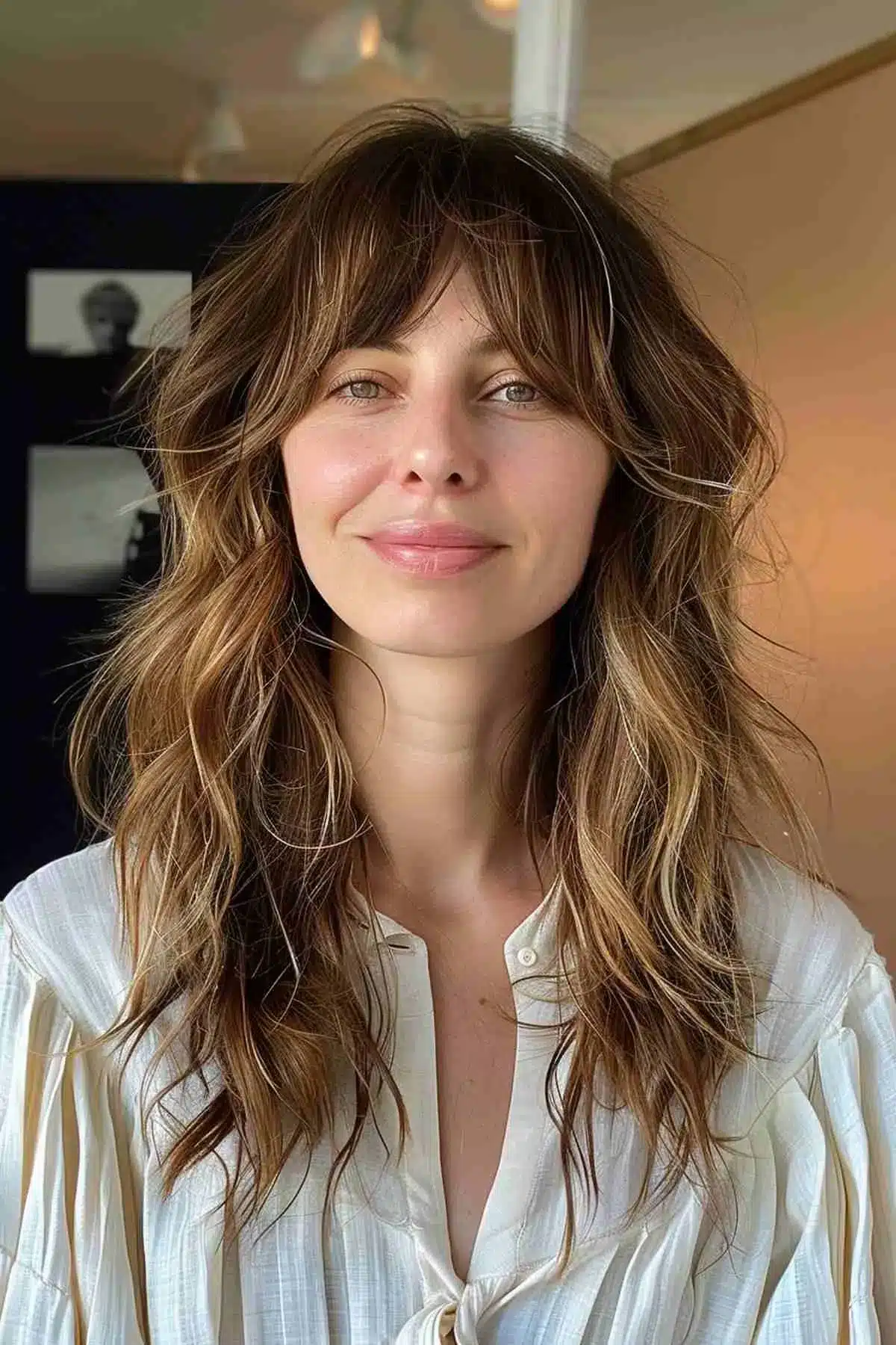 50 Low-Maintenance Medium-Length Haircuts for Busy Women 18 Mid-Length Shag with Long Curtain Bangs